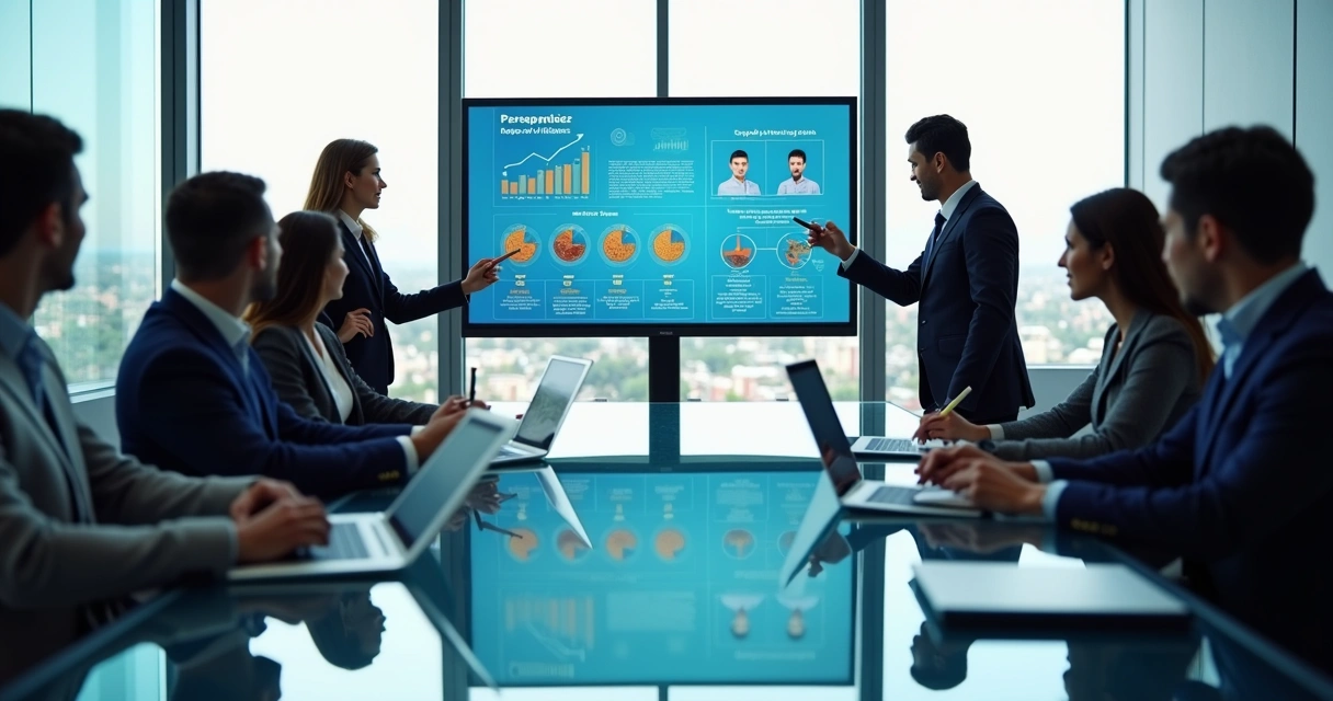 Executivos em reunião digital analisando proposta interativa em tela grande