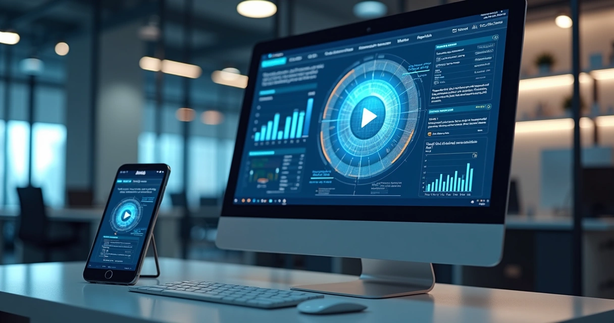 Tela de computador exibindo proposta comercial digital interativa com gráficos, vídeo integrado e dashboard analítico ao lado