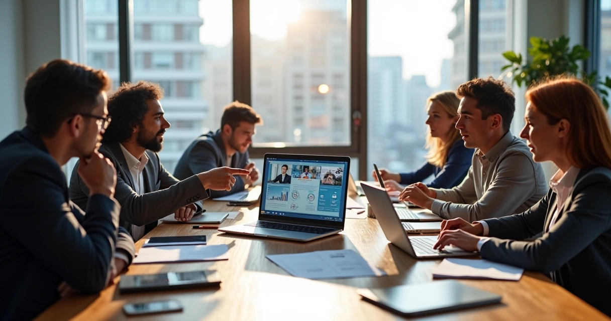 Equipe de negócios em reunião usando laptop para criar propostas interativas com gráficos e vídeos na tela