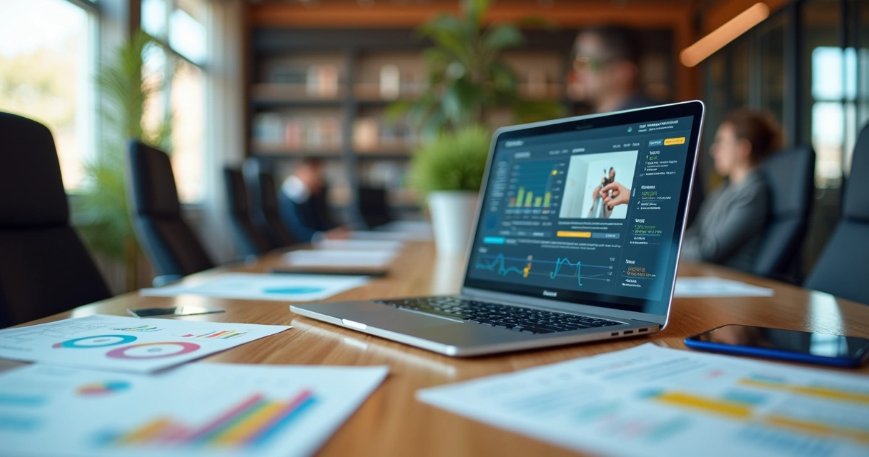 Mesa com laptop exibindo vídeo interativo em proposta digital, ao redor planilhas, gráficos e anotações de equipe de vendas