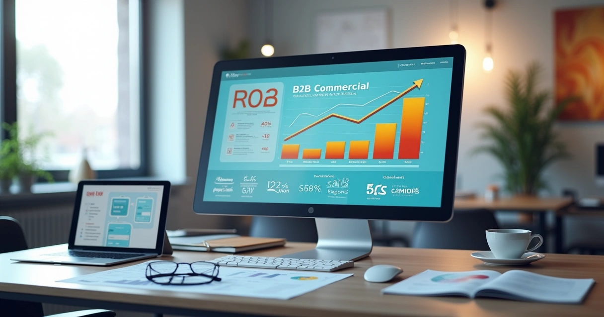 Computador exibindo gráfico de ROI para propostas comerciais B2B com elementos digitais e métricas de engajamento