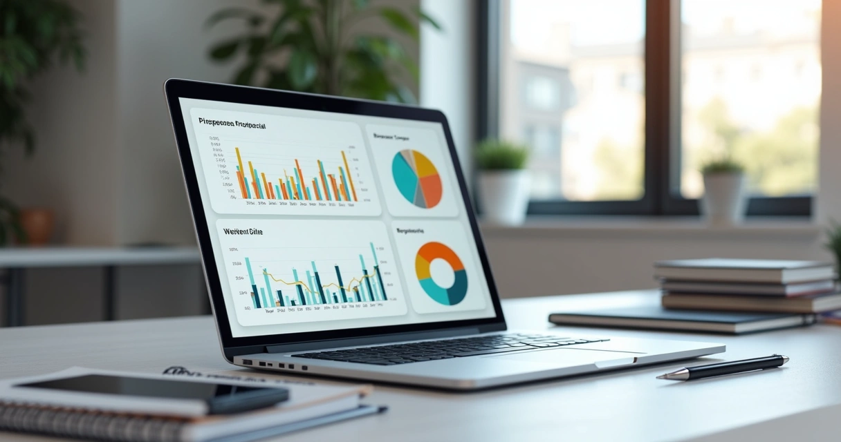 Mesa com laptop aberto mostrando dashboard de propostas, gráficos, cadernos e caneta ao lado