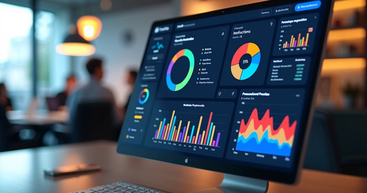 Painel moderno de controle CRM em tela de computador com gráfico de vendas e métricas detalhadas