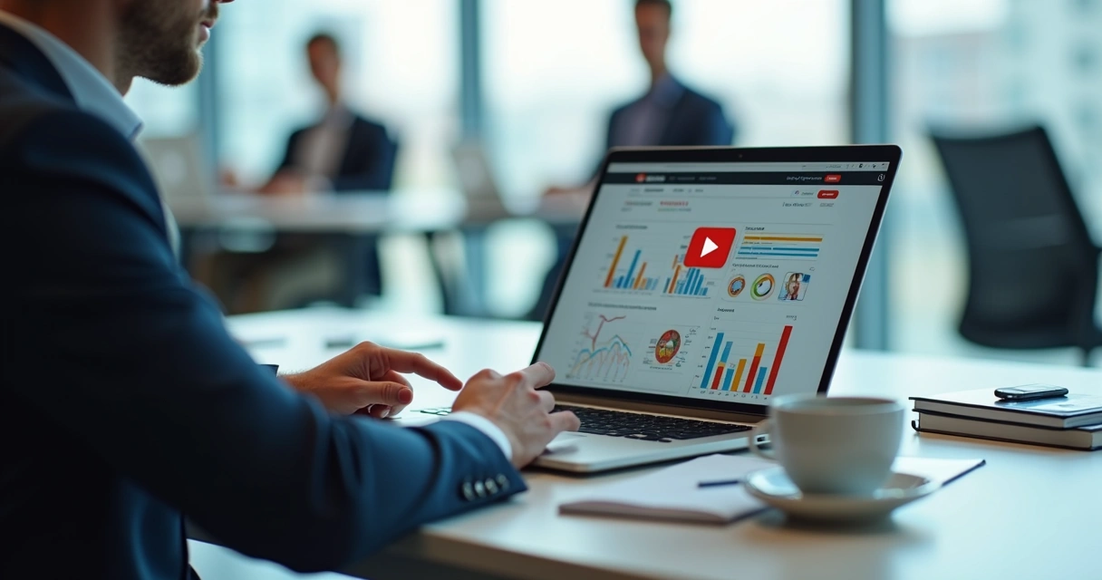 Profissional revisando proposta comercial B2B interativa em laptop com gráficos e vídeos na tela