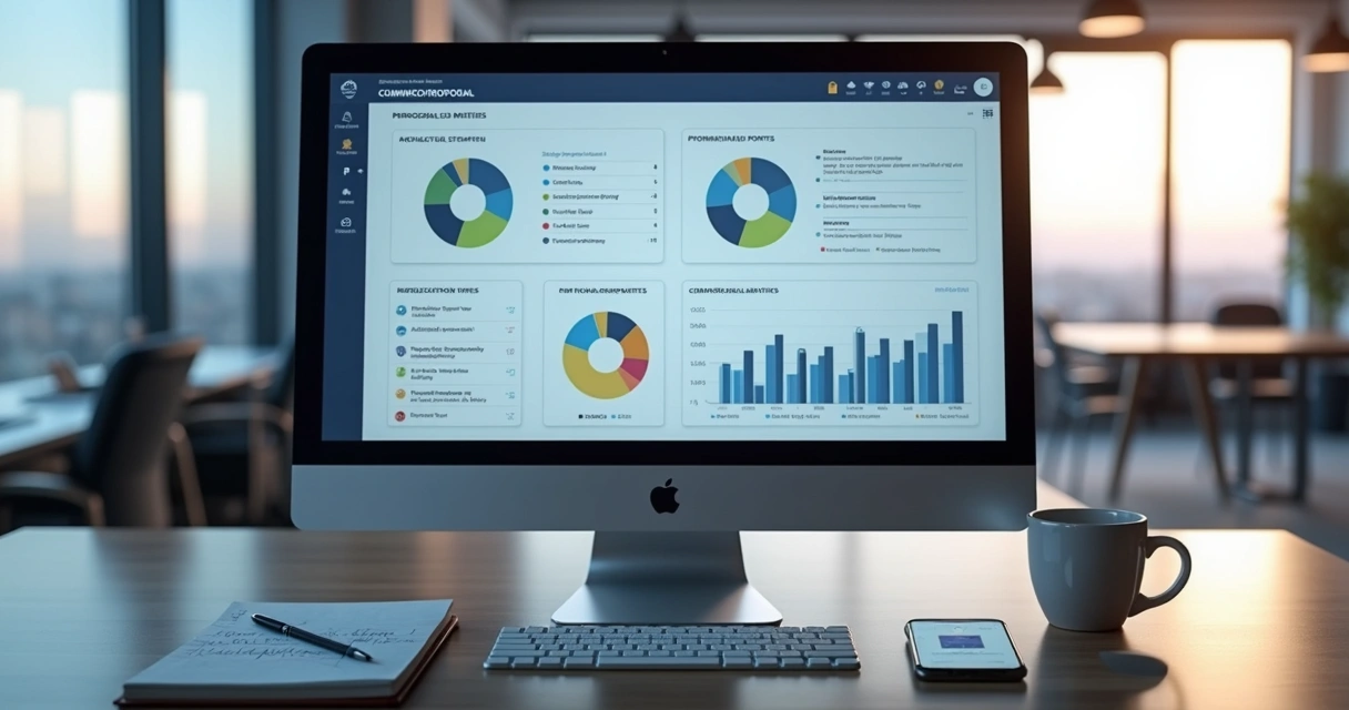 Tela de computador mostrando dashboard com métricas de propostas comerciais digitais interativas