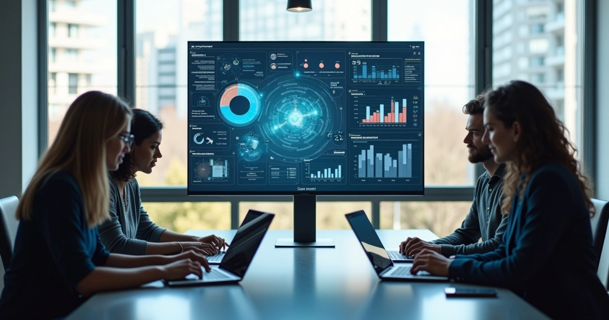 Tela de computador mostrando dashboard de CRM com gráficos de vendas e equipe usando laptops interagindo em uma sala moderna de escritório