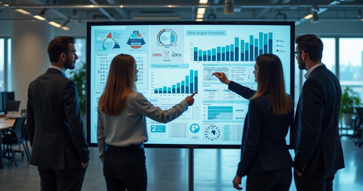 Profissionais de vendas trabalhando com tela digital interativa mostrando gráficos e dados de clientes em ambiente de escritório moderno