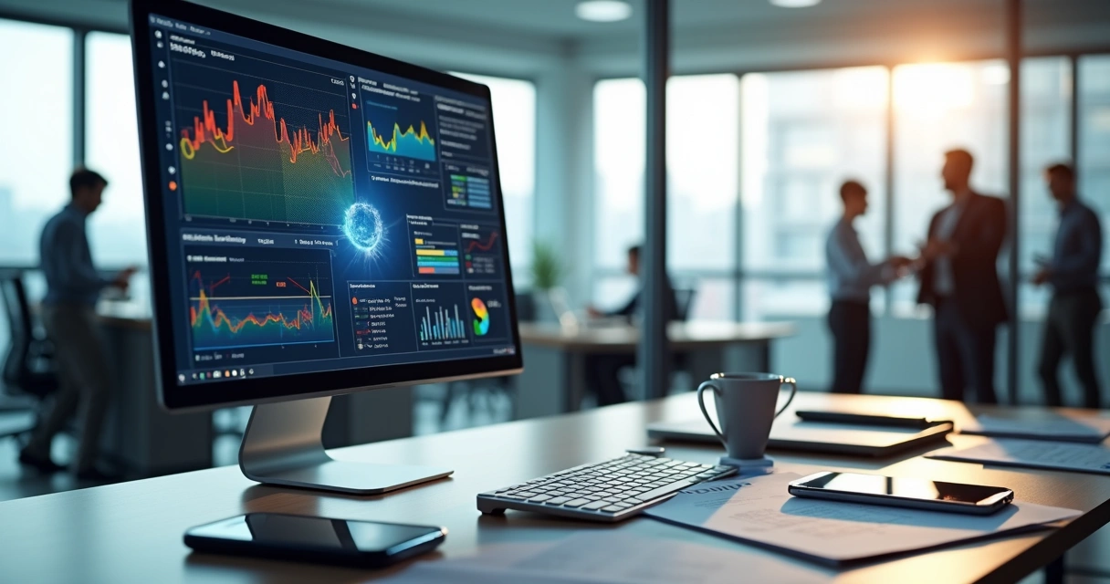 Tela de computador exibindo proposta digital interativa com gráficos, vídeos e notificações em tempo real para vendas B2B