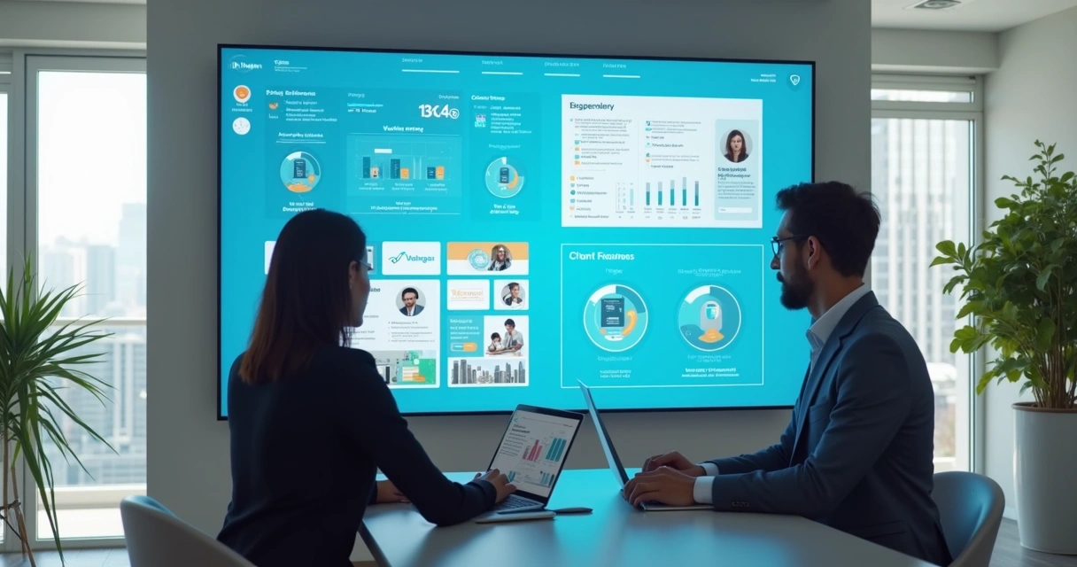 Sala digital de vendas com tela interativa mostrando proposta personalizada e vendedor acompanhando métricas em laptop