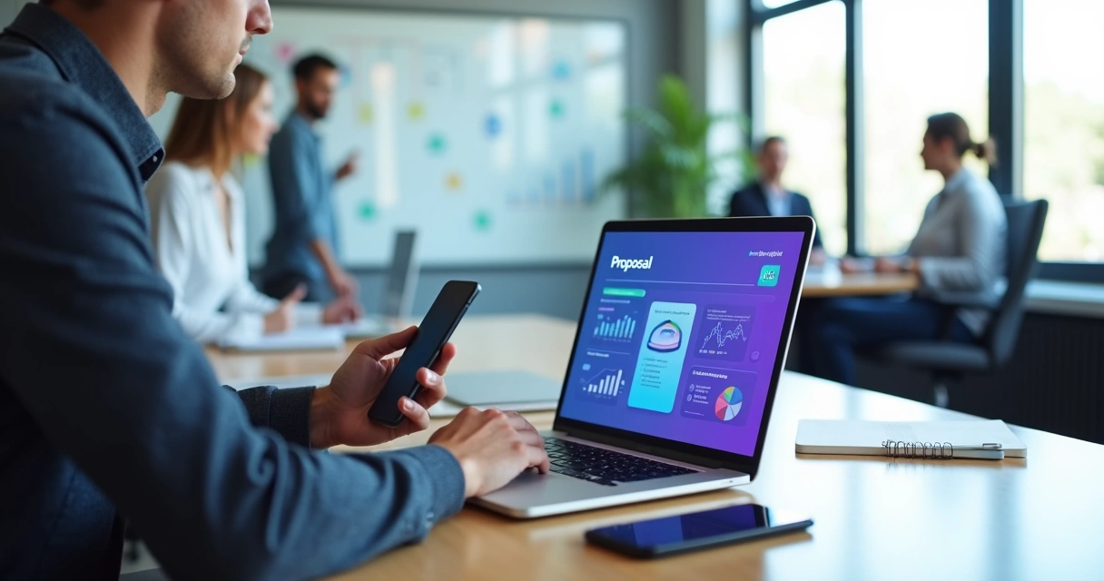 Executivo visualizando proposta digital interativa em laptop com gráficos e indicadores de engajamento