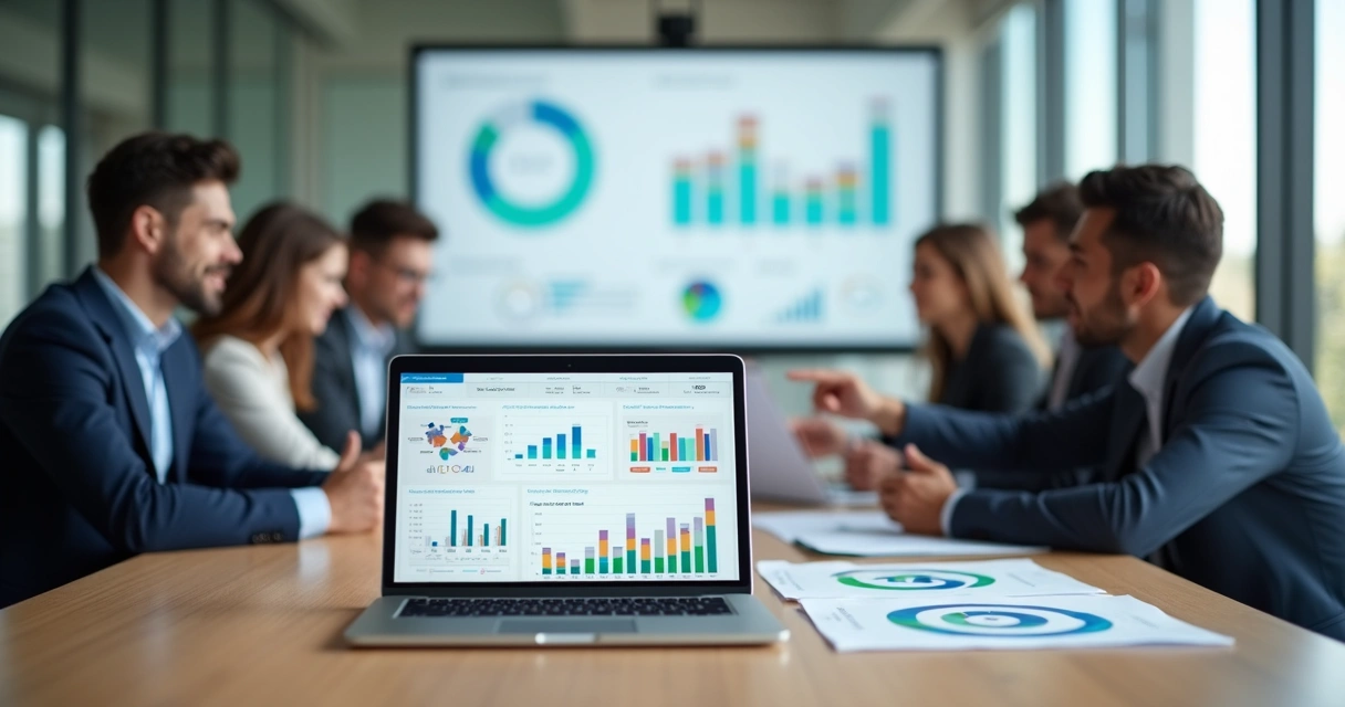 Gestor analisando dashboard de vendas B2B em laptop durante reunião com equipe