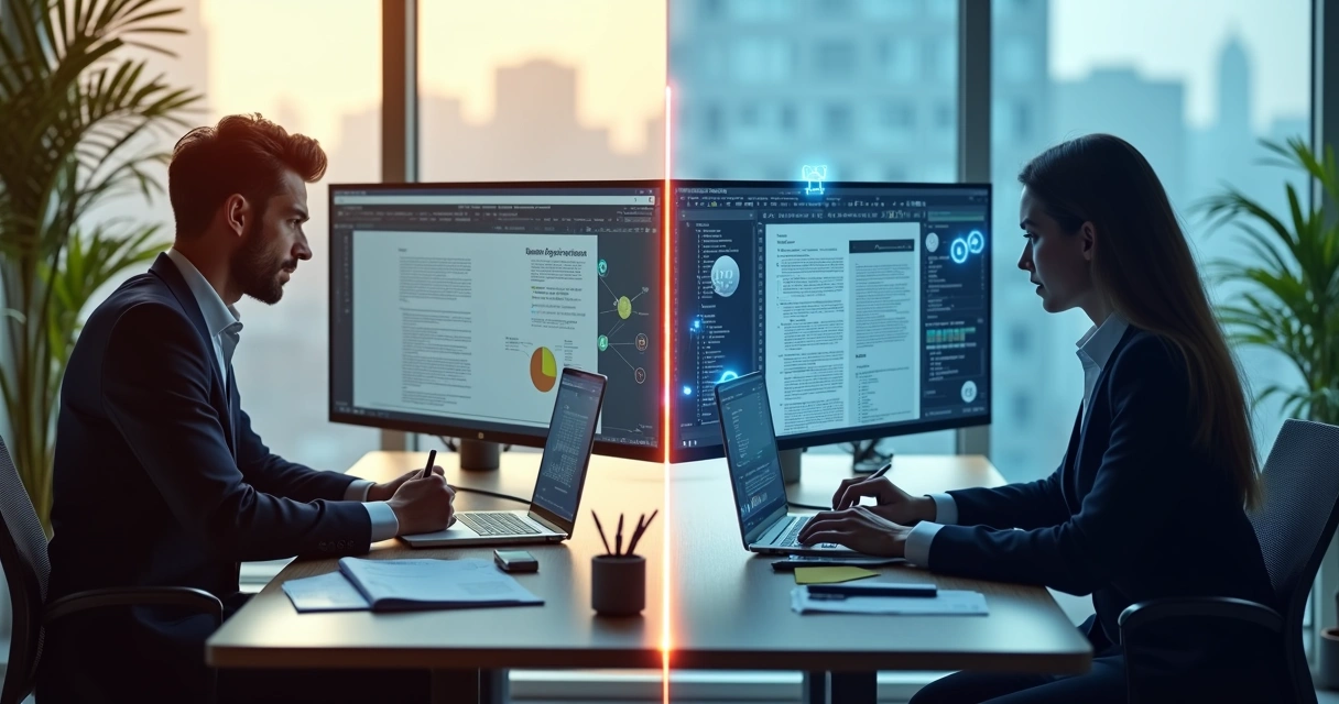 Comparação visual entre proposta manual e proposta automatizada em ambiente de escritório moderno
