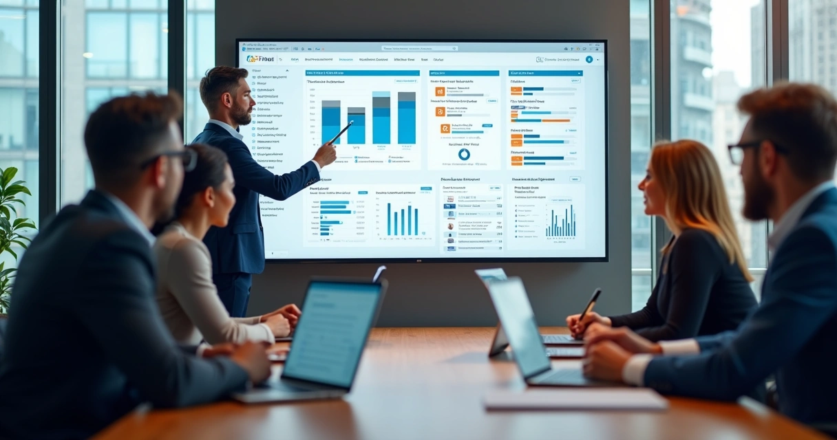 Equipe de vendas analisando proposta comercial digital em tela grande