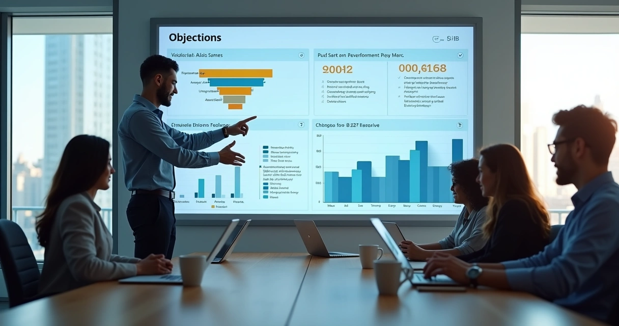 Equipe de vendas analisando objeções comerciais em dashboard digital