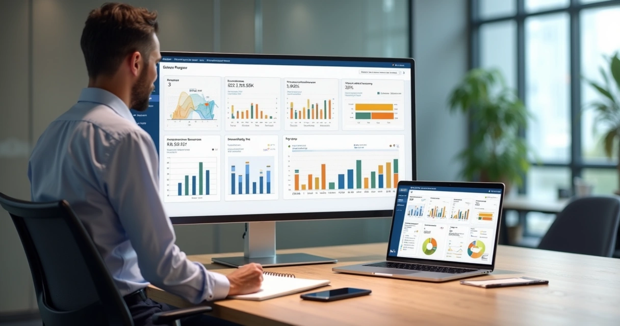 Gestor analisando dashboard de propostas de vendas B2B em tela grande com gráficos e métricas