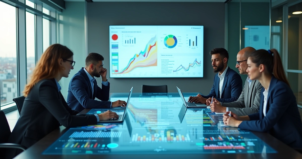 Equipe de vendas B2B analisando painel digital com métricas de desempenho
