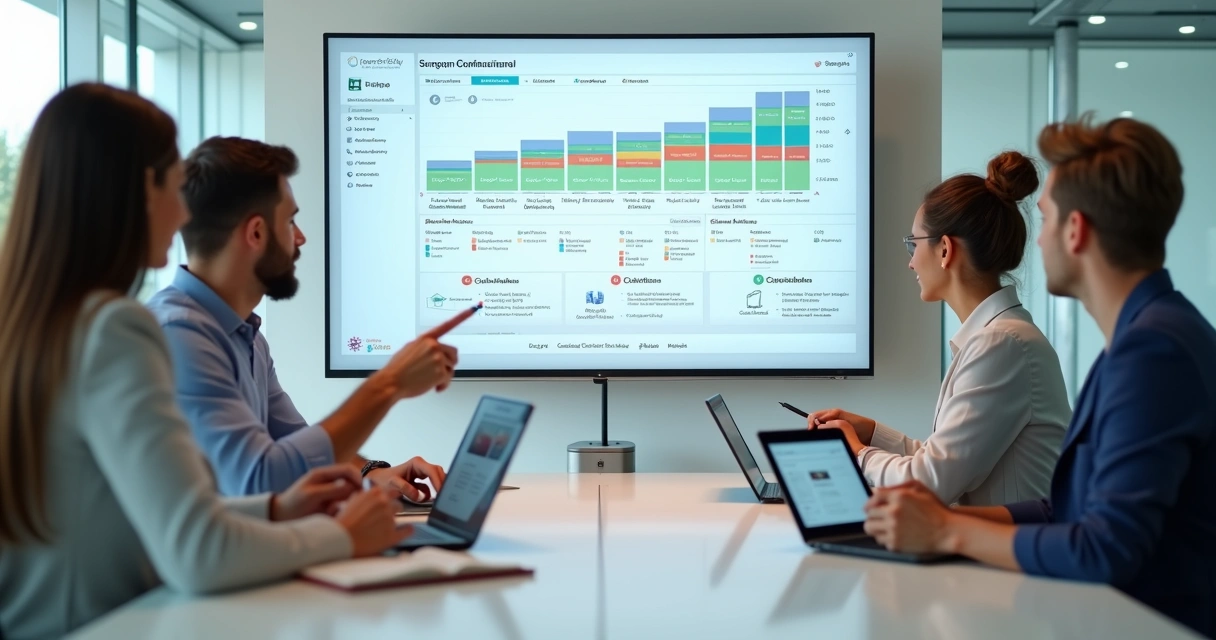 Equipe de vendas analisando funil de follow-up comercial em painel digital