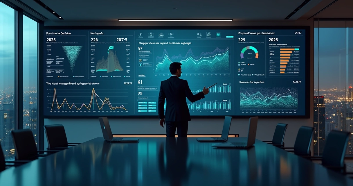 Executivo analisa painel de métricas de propostas B2B em tela gigante