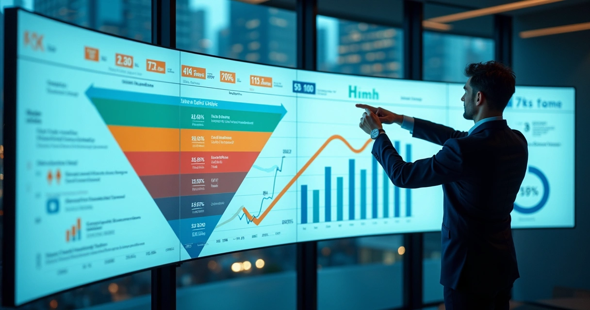 Gestor analisando pipeline de vendas em painel digital com funil e gráficos de dados