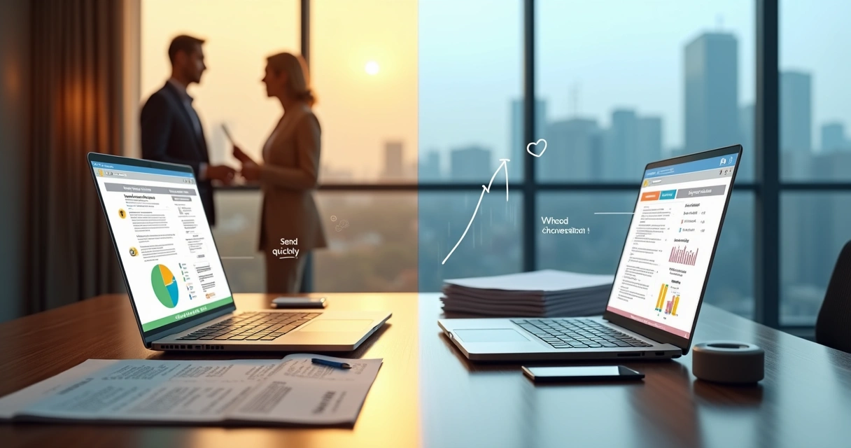 Comparação visual de proposta B2B personalizada e modelo pronto lado a lado em mesa de reunião