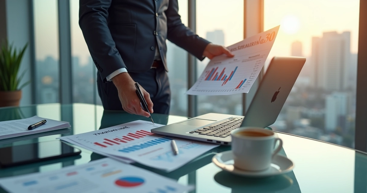 Gestor de vendas analisando gráfico em tela enquanto decide encerrar uma negociação B2B