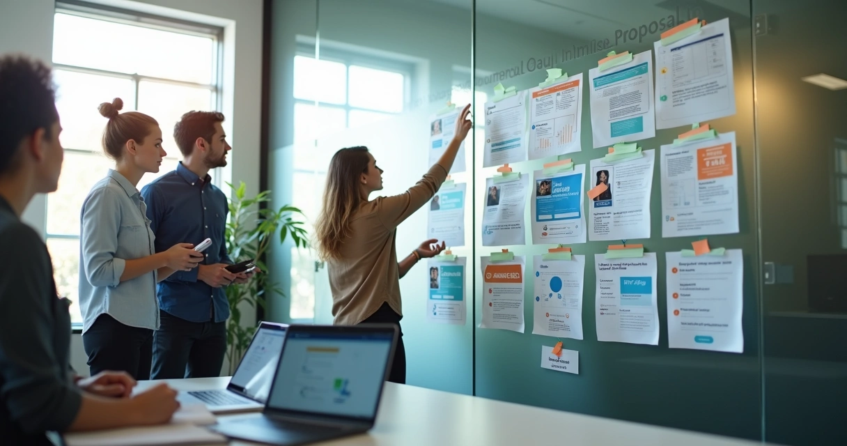 Equipe avaliando quadro com softwares de proposta comercial digital