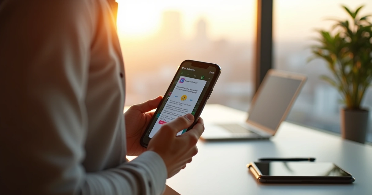 Vendedor segurando smartphone com proposta comercial profissional aberta no WhatsApp